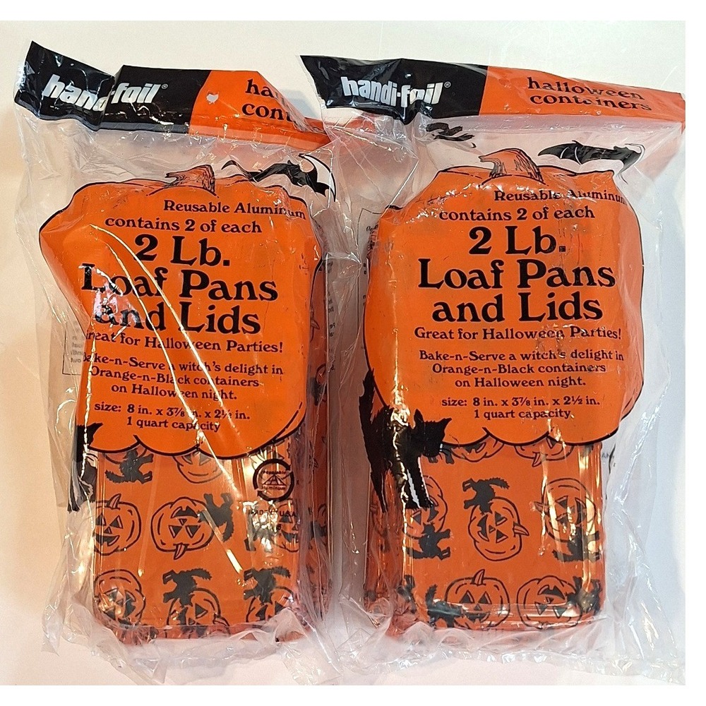 Vtg Handi-Foil Halloween Loaf Pans w/Lids 2pk Orange Black Pumpkin Cat 4 Total